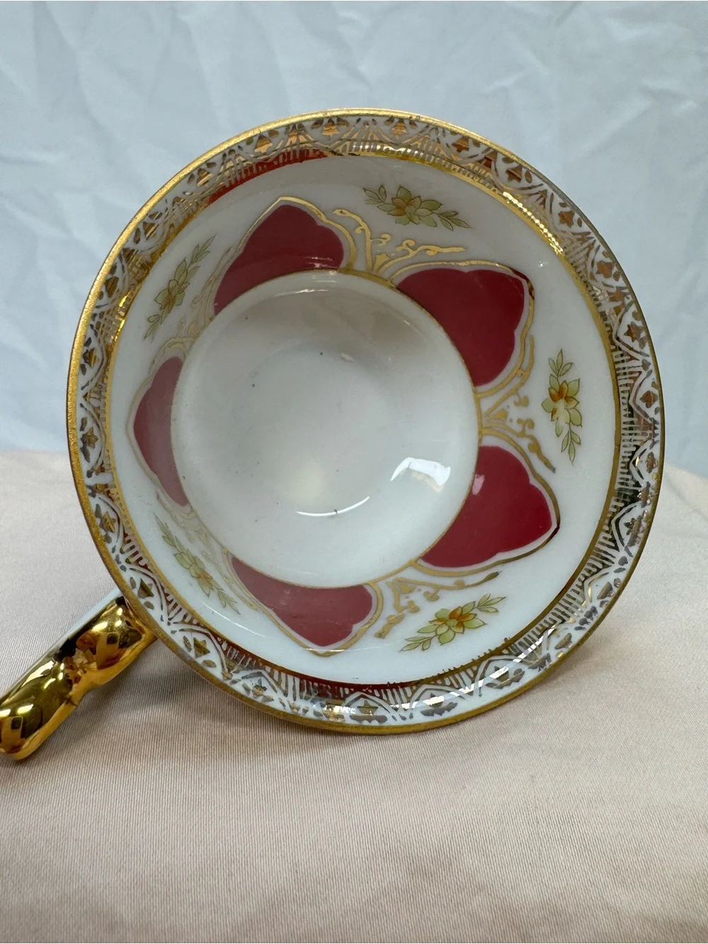 Vintage Red Gold Tea Cup and Saucer Geometric Floral, Ucagco Japan, Excellent
